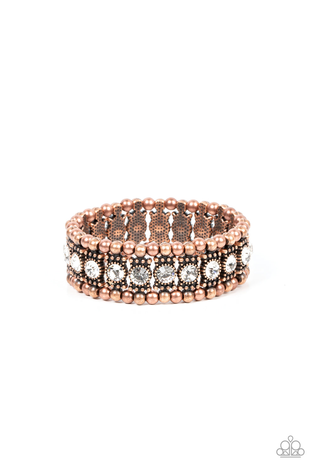 Ritzy Reboot - Copper With White Rhinestone Stretch Bracelet Paparazzi B0718