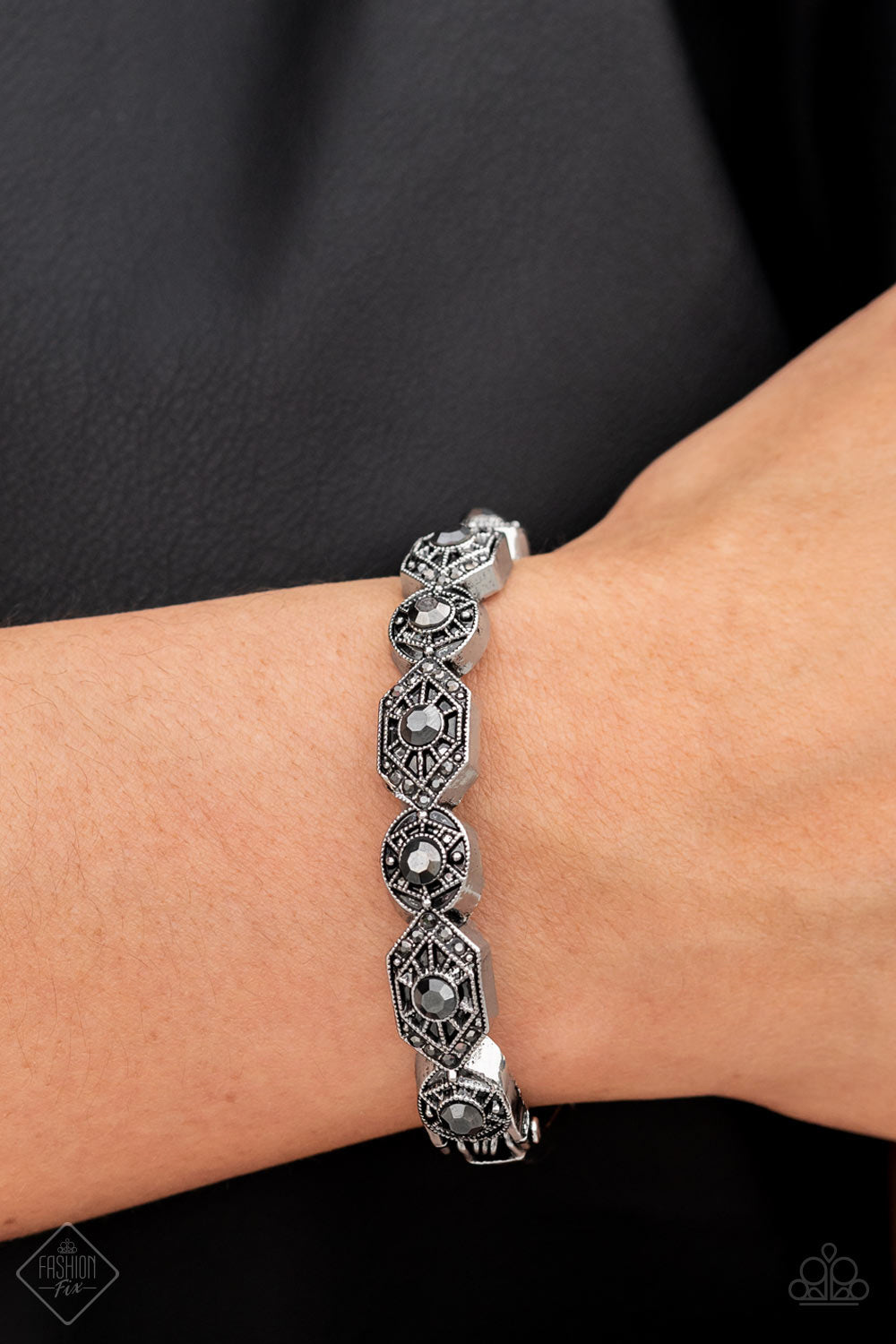 Eye-Opening Opulence - Silver Hematite Rhinestone Fashion Fix August 2022 Hinge Bracelet B0648