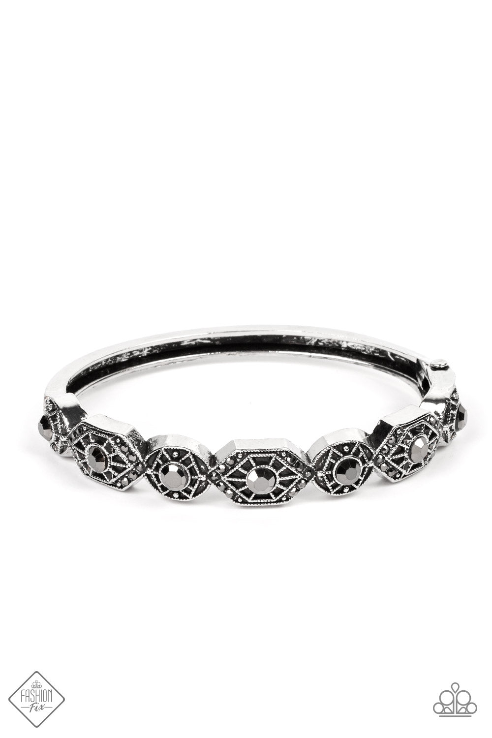 Eye-Opening Opulence - Silver Hematite Rhinestone Fashion Fix August 2022 Hinge Bracelet B0648