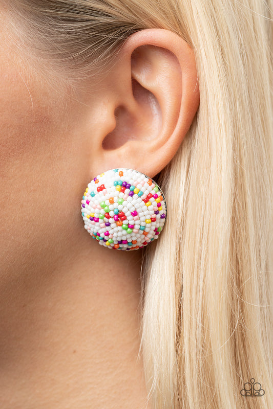 Kaleidoscope Sky - White Multicolored Bead Post Earring Paparazzi E0719