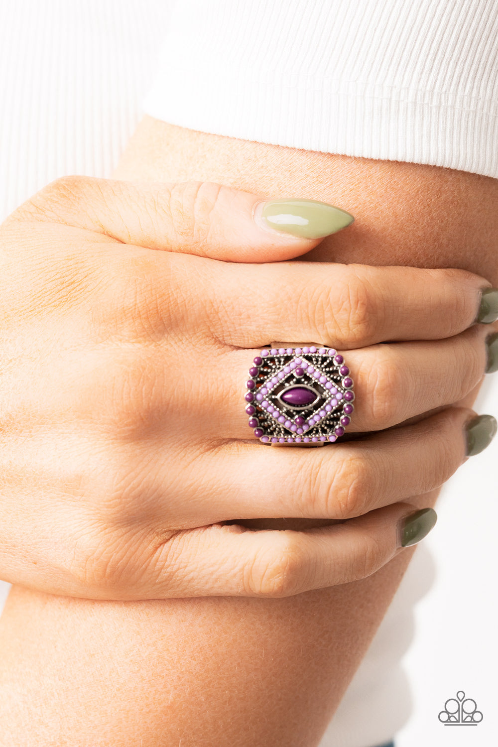 Amplified Aztec - Purple And Plum Bead Silver Ring Paparazzi R0358