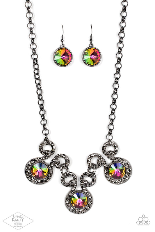 Paparazzi Hypnotized Multi Oil Spill Black Gunmetal Necklace Pink Diamond Exclusive Life Of The Party N3351
