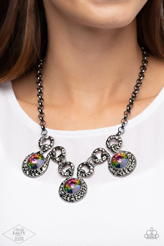 Paparazzi Hypnotized Multi Oil Spill Black Gunmetal Necklace Pink Diamond Exclusive Life Of The Party N3351