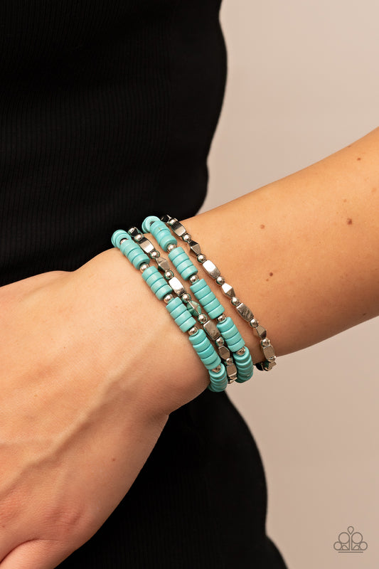 Anasazi Apothecary - Blue Turquoise Stone Discs, Silver Accent Stretch Bracelets Paparazzi B0546