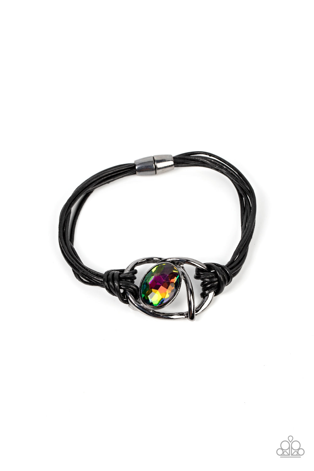 Keep Your Distance - Multi Oil Spill Gem, Gunmetal Bars And Black Leather Magnetic Closure Bracelet Paparazzi B0722