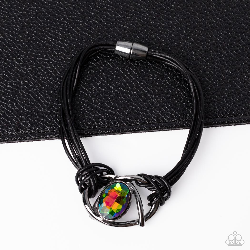 Keep Your Distance - Multi Oil Spill Gem, Gunmetal Bars And Black Leather Magnetic Closure Bracelet Paparazzi B0722