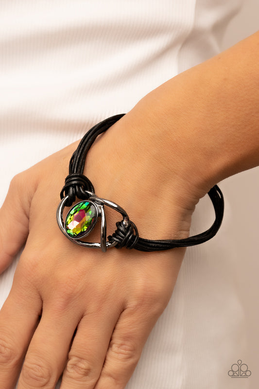 Keep Your Distance - Multi Oil Spill Gem, Gunmetal Bars And Black Leather Magnetic Closure Bracelet Paparazzi B0722