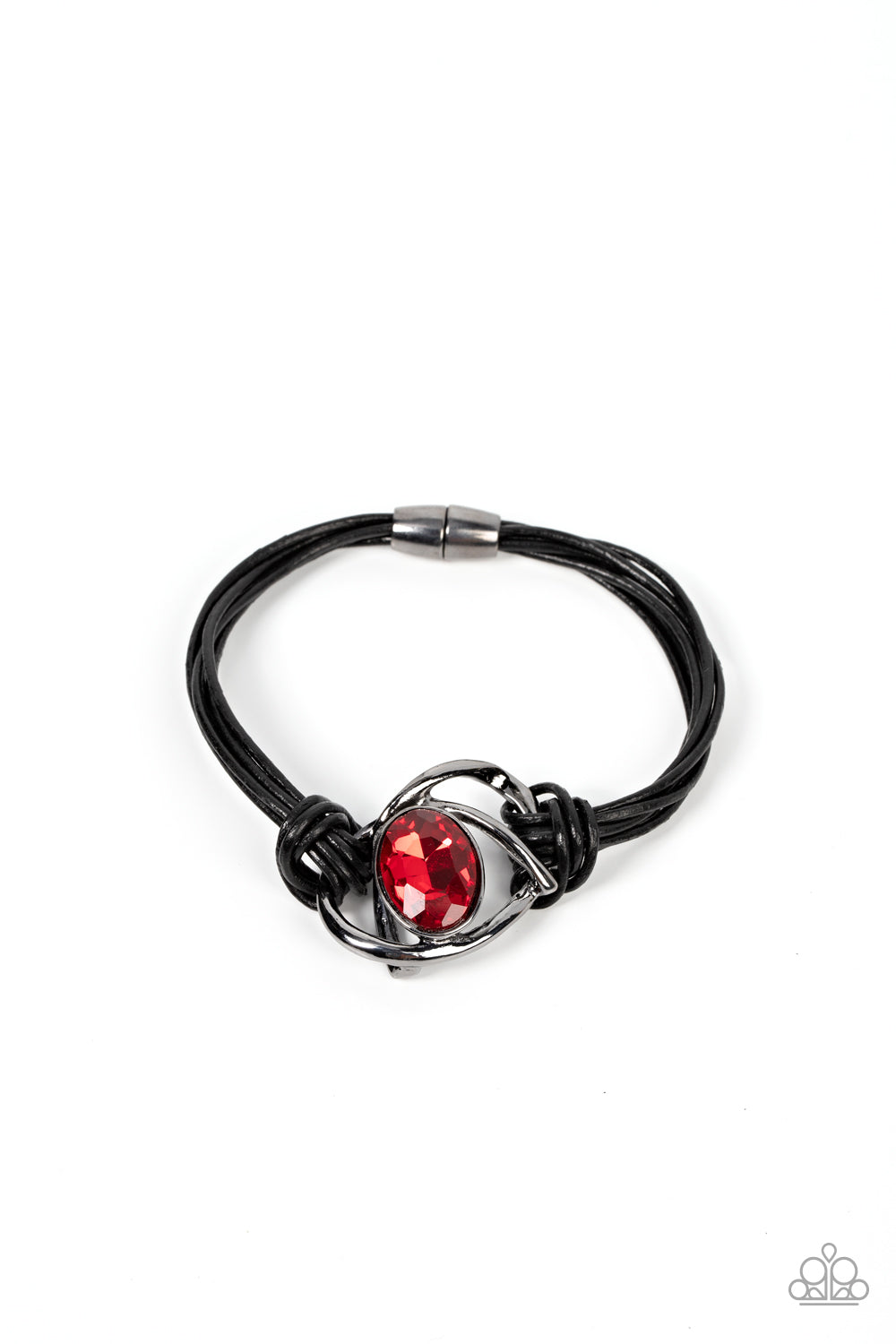 Keep Your Distance - Red Gem Gunmetal & Black Leather Magnetic Closure Bracelet Paparazzi B1211