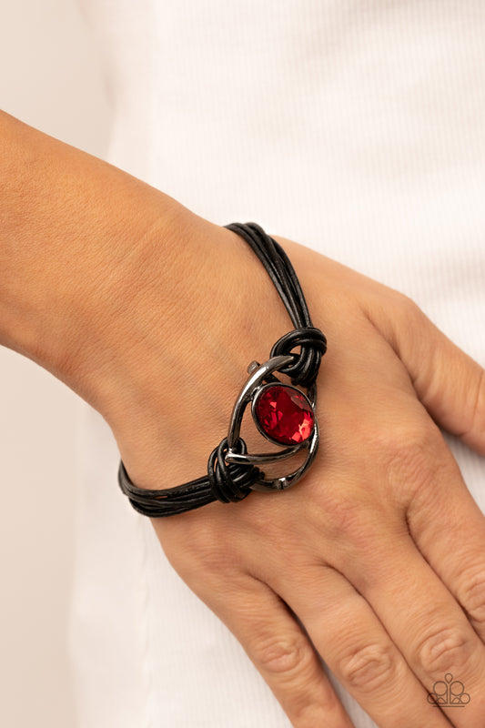 Keep Your Distance - Red Gem Gunmetal & Black Leather Magnetic Closure Bracelet Paparazzi B1211