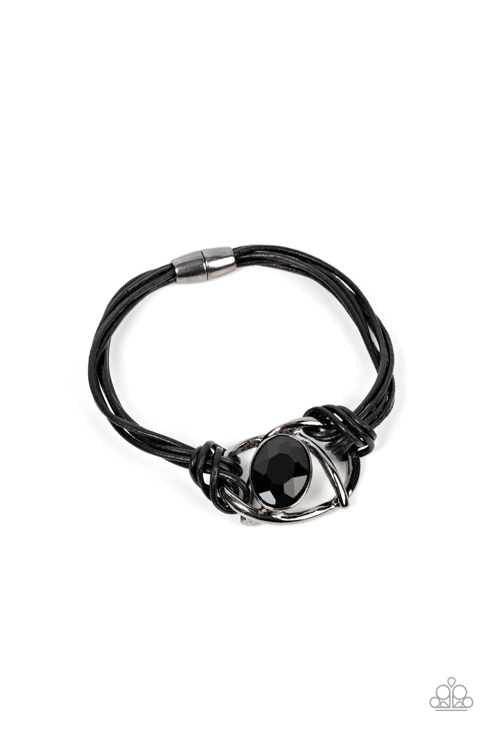 Keep Your Distance - Black Gem, Leather And Gunmetal Bar Bracelet Paparazzi B0683