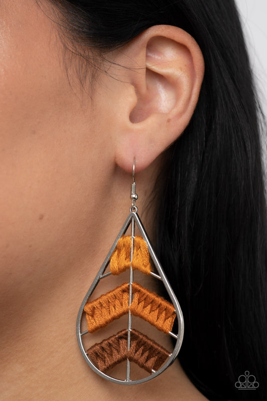 Nice Threads - Orange & Brown Thread Woven Teardrop Earthy Earring Paparazzi E1111