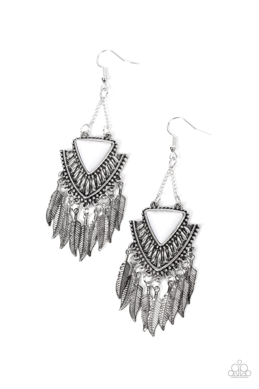 Shady Oasis - White Bead Silver Feather Santa Fe Style Earring Paparazzi E1557