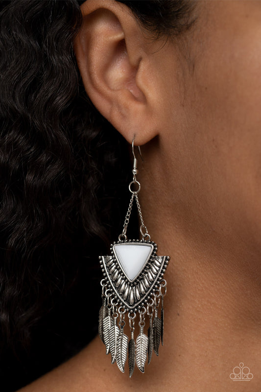 Shady Oasis - White Bead Silver Feather Santa Fe Style Earring Paparazzi E1557