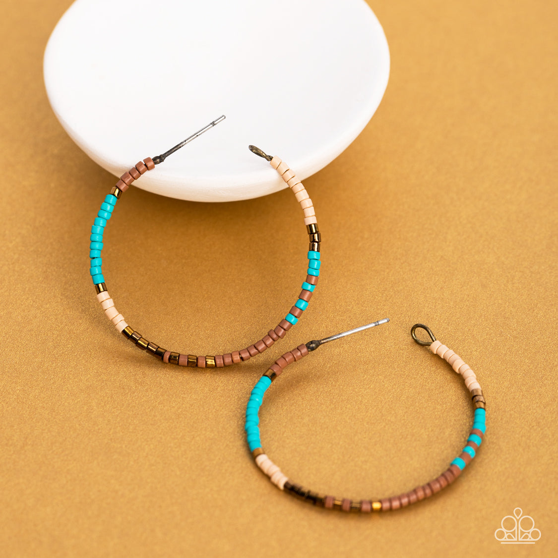 Joshua Tree Tourist - Brass, Turquoise, Tan, Brown Bead Hoop Earring Paparazzi E1079