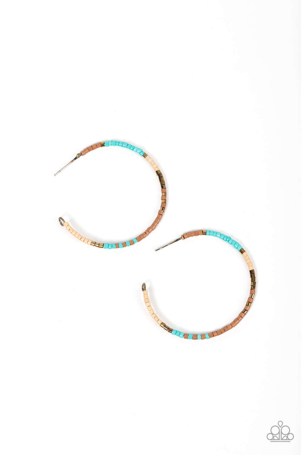 Joshua Tree Tourist - Brass, Turquoise, Tan, Brown Bead Hoop Earring Paparazzi E1079