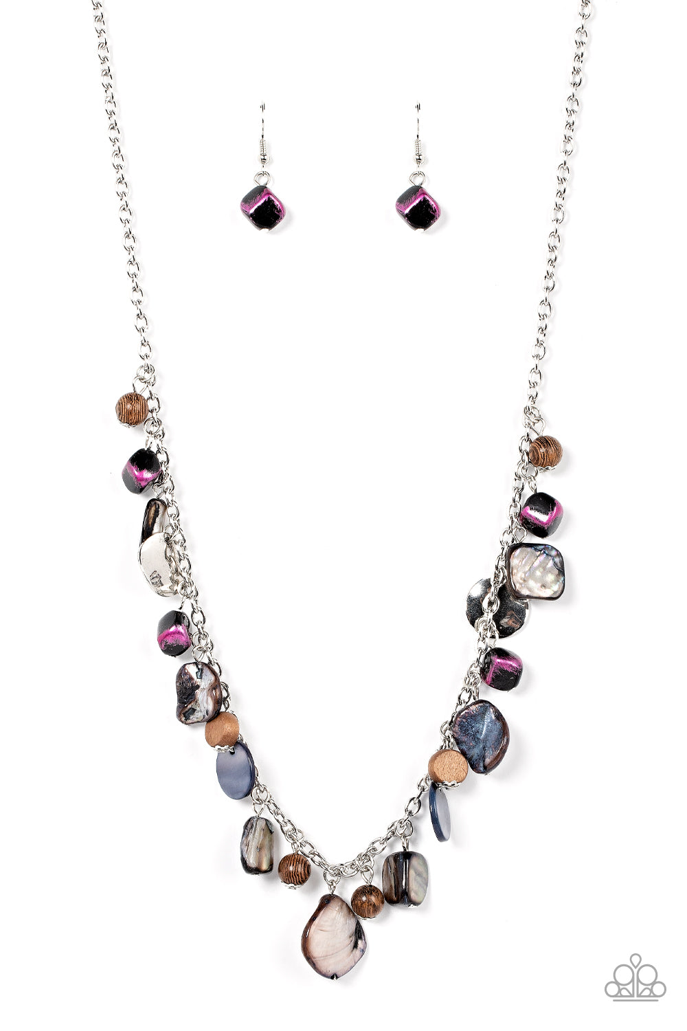 Caribbean Charisma - Pink, Warped Discs, Wooden Bead Iridescent Shell-Like Rock Accent Necklace Paparazzi N1372