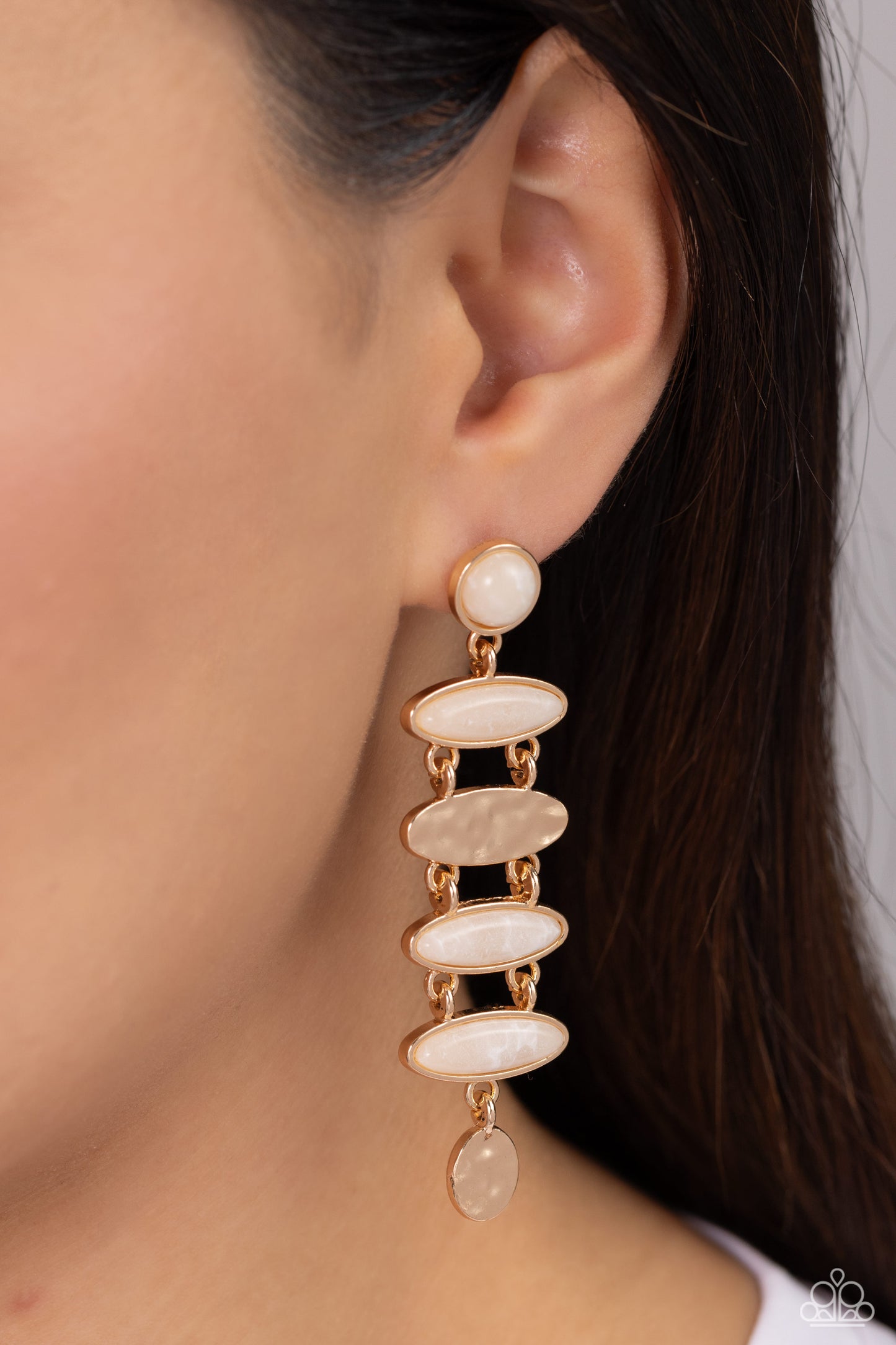 Rustic Reverie - Gold Hammered Accent White Stone Earring Paparazzi E1743