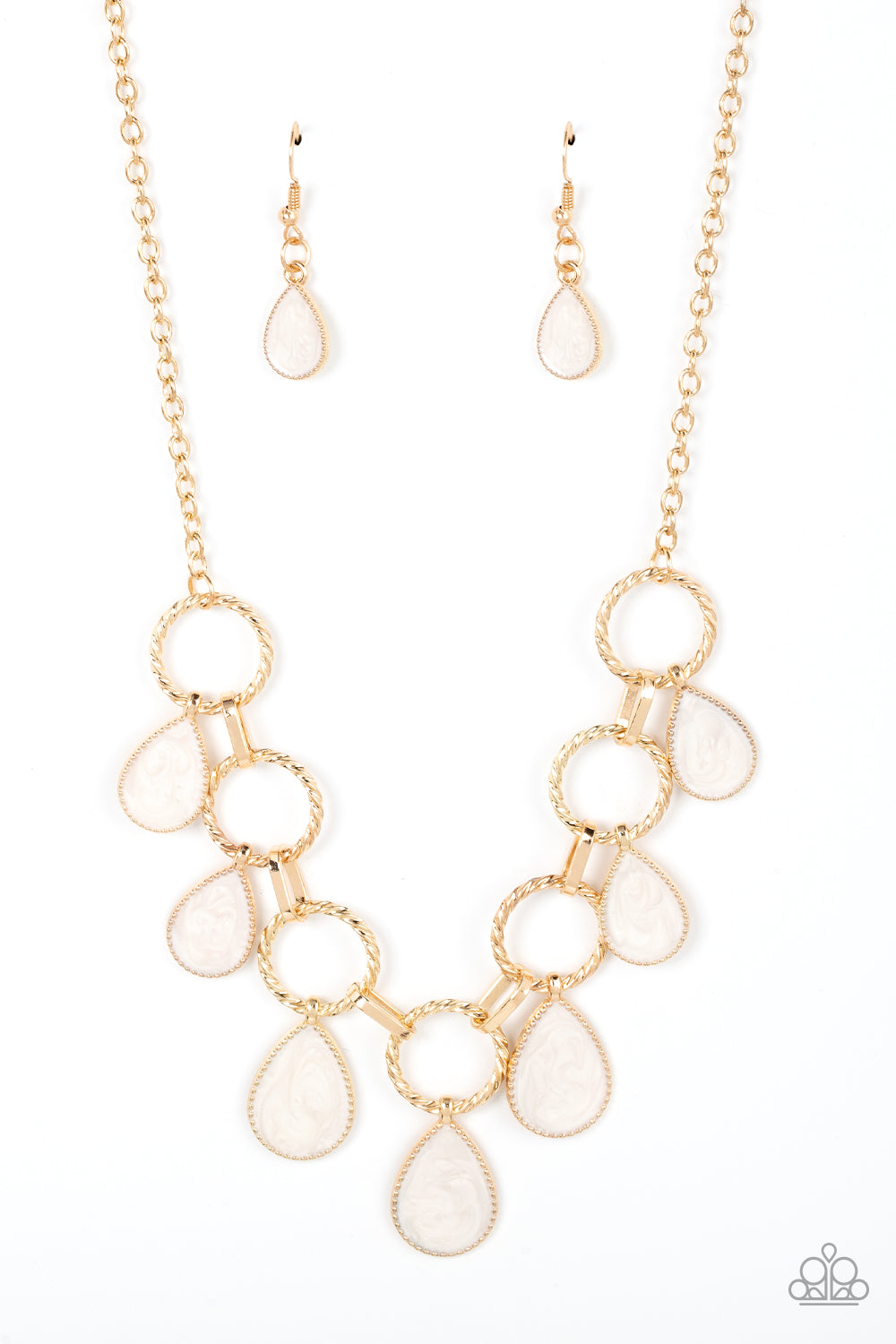 Golden Glimmer - Gold White Glazed Finish Teardrop Necklace Paparazzi N1160