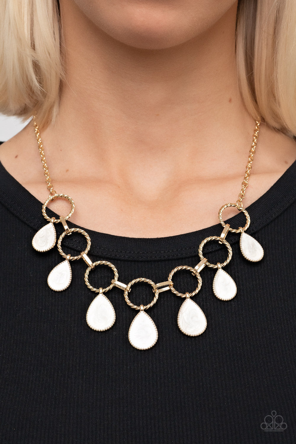 Golden Glimmer - Gold White Glazed Finish Teardrop Necklace Paparazzi N1160