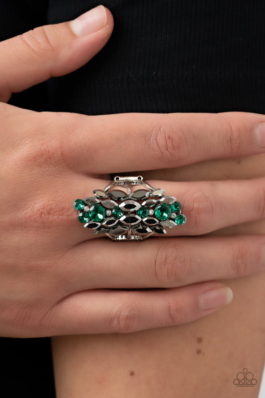 Smoky Smolder - Green Rhinestone & Hematite Ring Paparazzi R0576