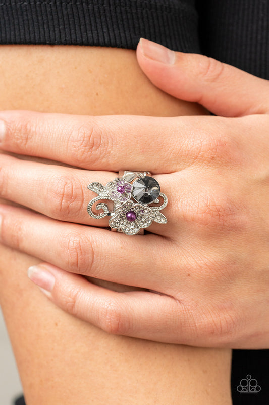 Bucketful of Bouquets - Purple Pearl, Silver And White Rhinestone Flower Ring Paparazzi R0377