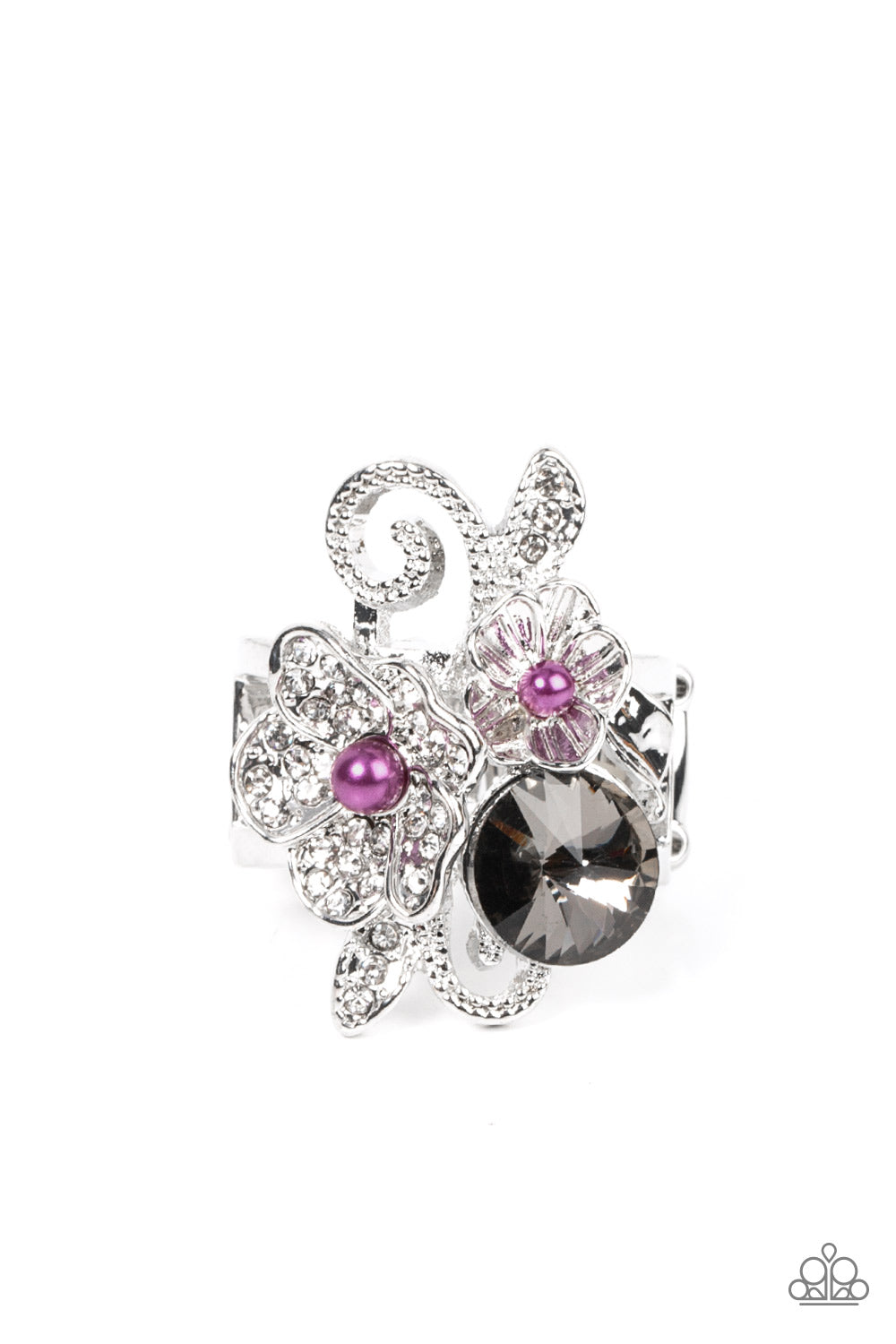 Bucketful of Bouquets - Purple Pearl, Silver And White Rhinestone Flower Ring Paparazzi R0377