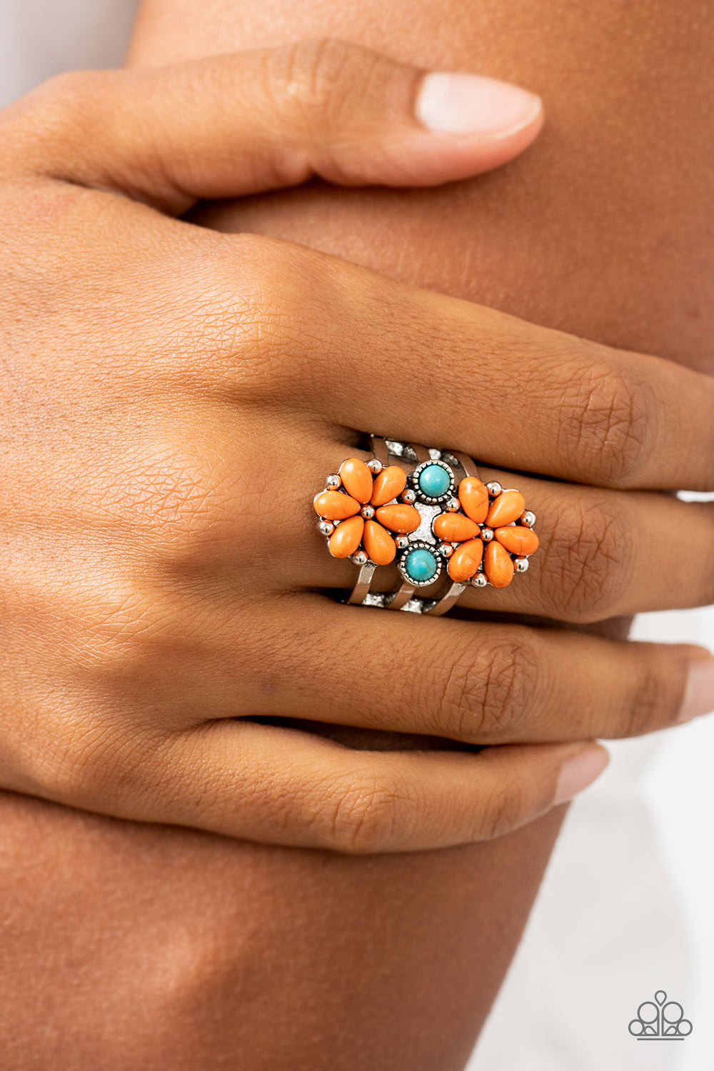 Fredonia Florist - Orange Cracked Stone Flower Ring Paparazzi R0319