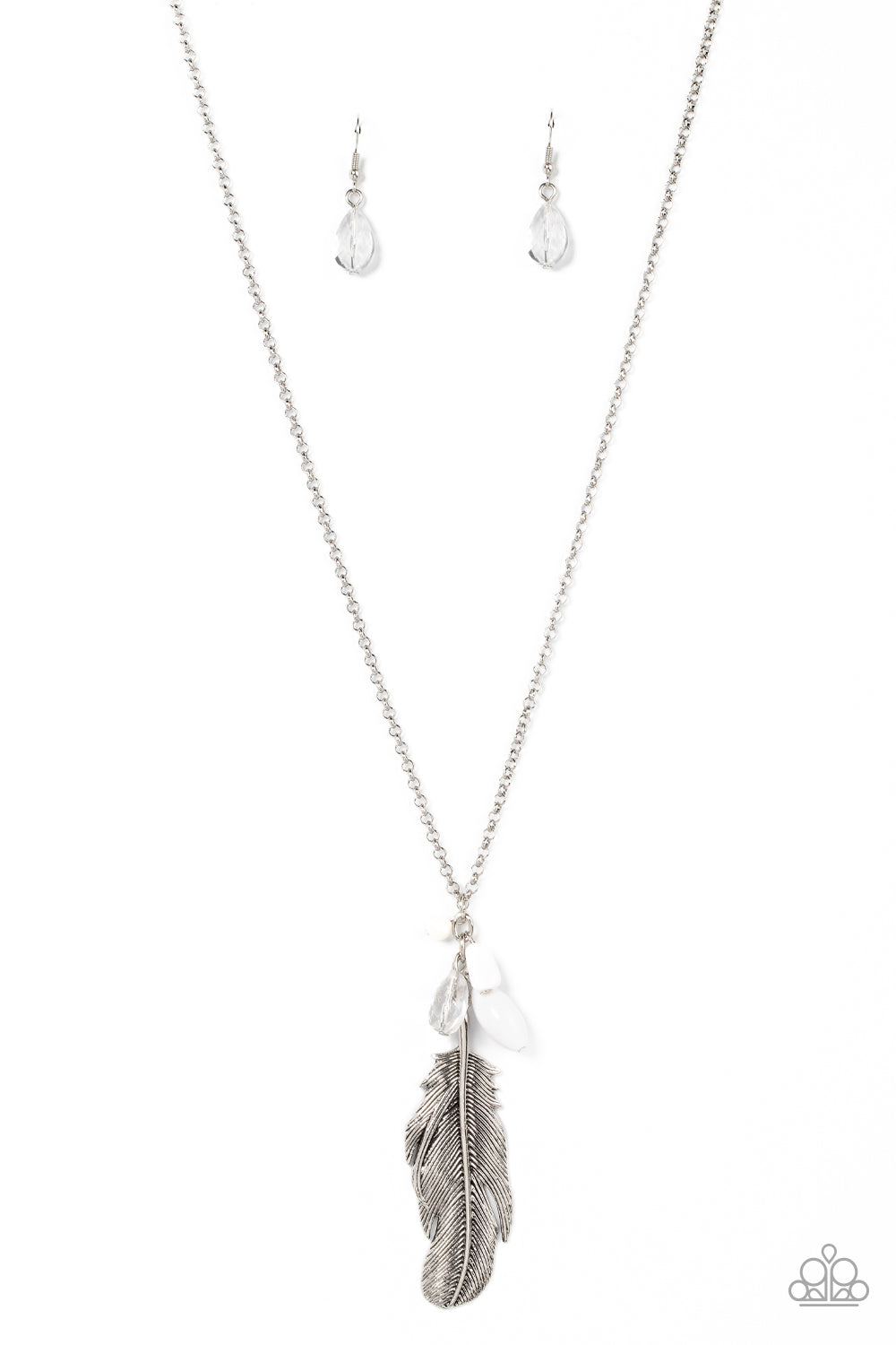 Off the FLOCK - White Bead Silver Feather Necklace Paparazzi N1284