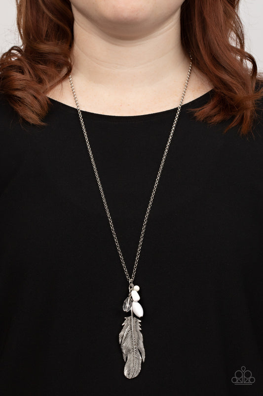 Off the FLOCK - White Bead Silver Feather Necklace Paparazzi N1284