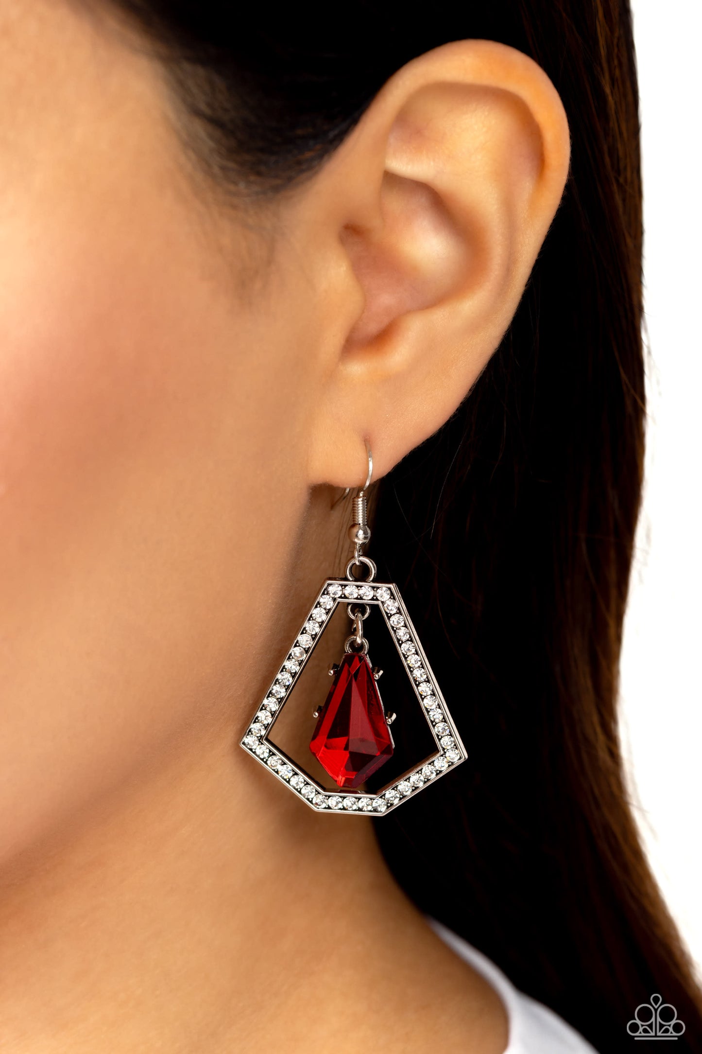 Poshly Photogenic - Red Gem Silver Frame Earring Paparazzi E1697