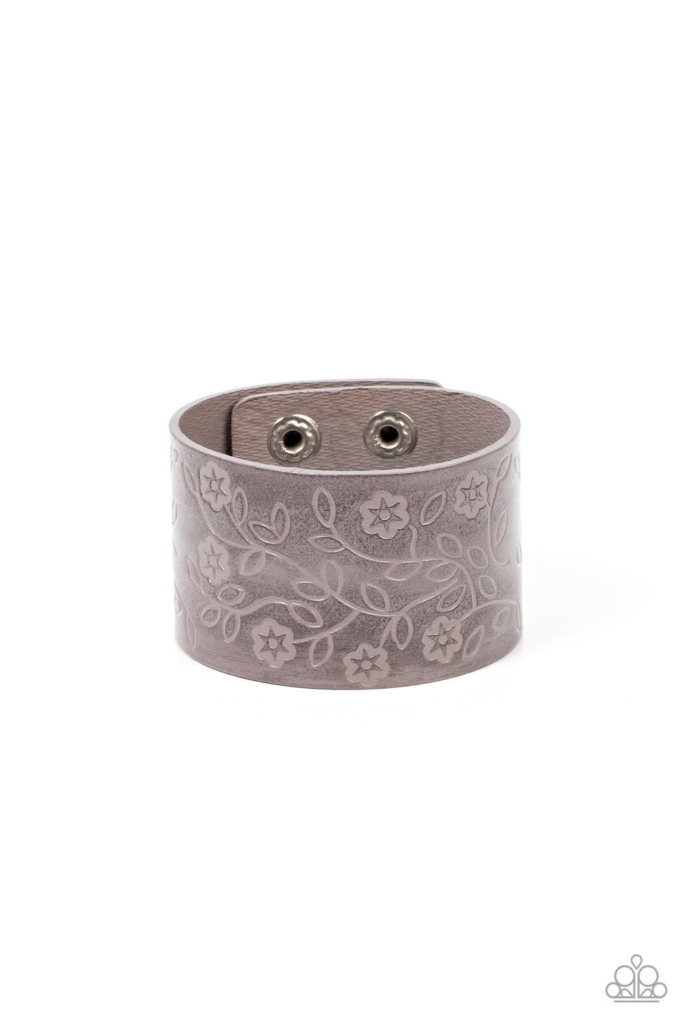 Rosy Wrap Up - Silver Flower Leather Urban Snap Bracelet Paparazzi B0522