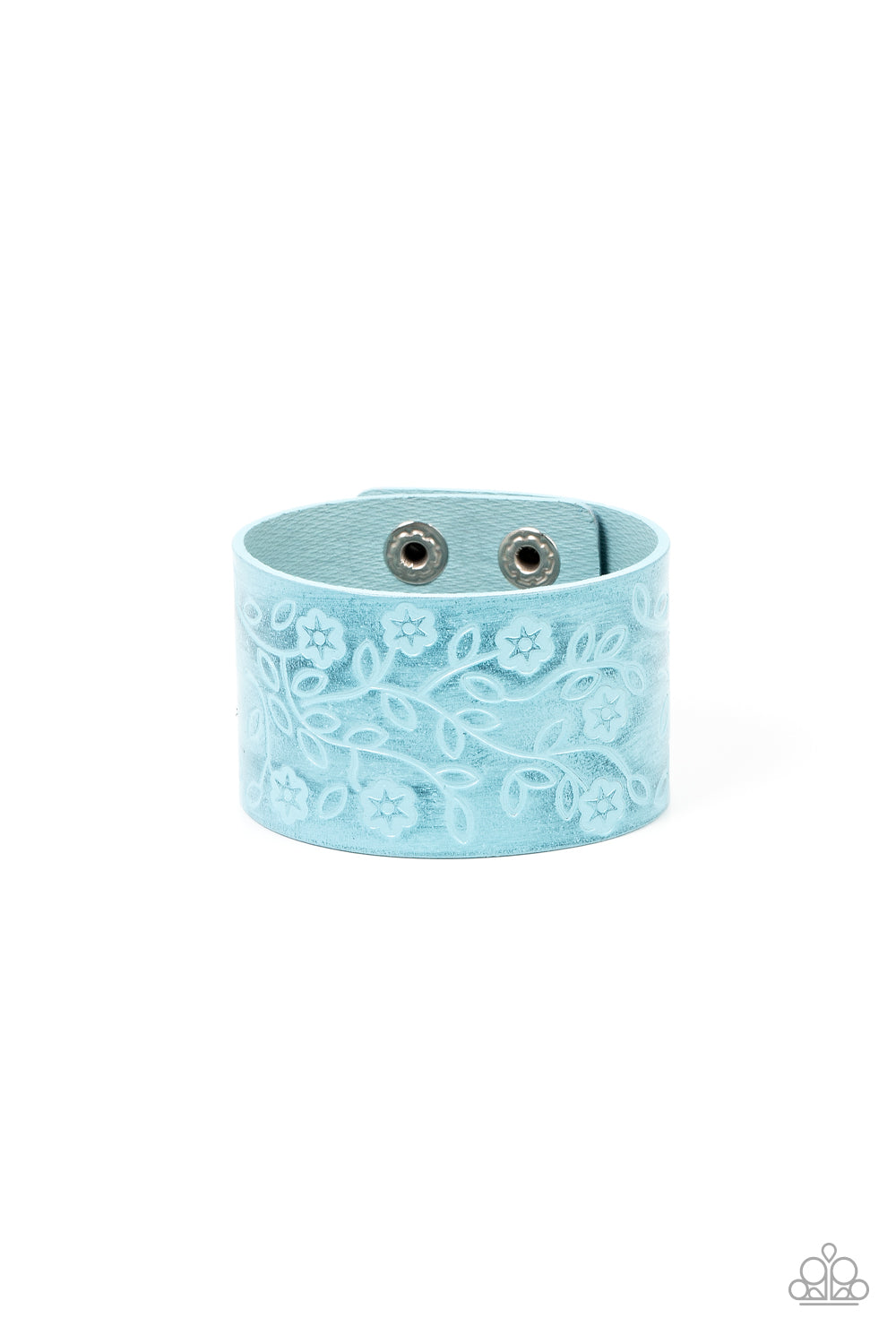 Rosy Wrap Up - Blue Flower Leather Urban Snap Bracelet Paparazzi B0541