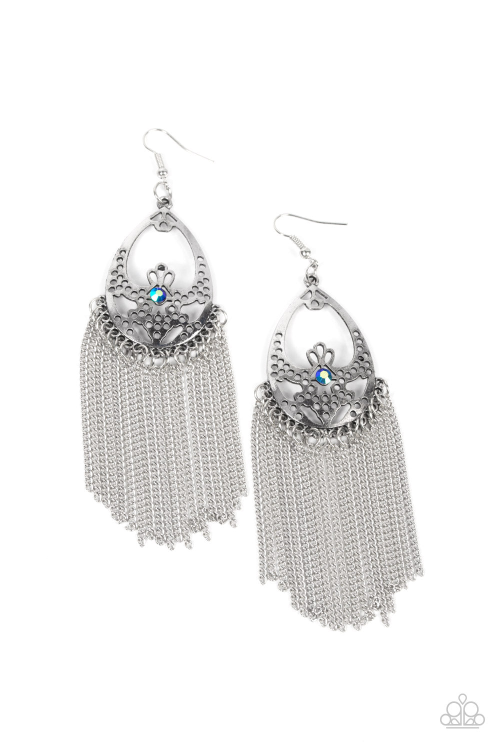 Castle Cottage - Blue Iridescent Rhinestone Silver Chain Earring Paparazzi E0814