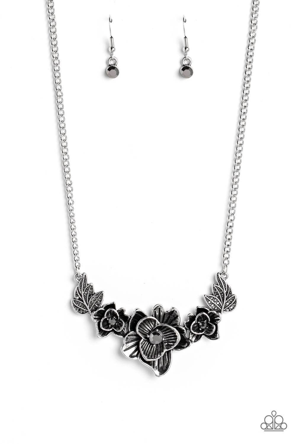 Botanical Breeze - Silver Floral Hematite Rhinestone Center Necklace Paparazzi N1751