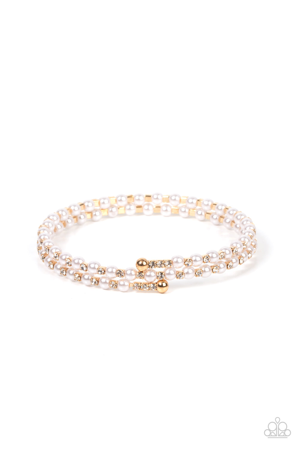 Regal Wraparound - Gold White Pearl And Rhinestone Wire Bracelet Paparazzi B0624