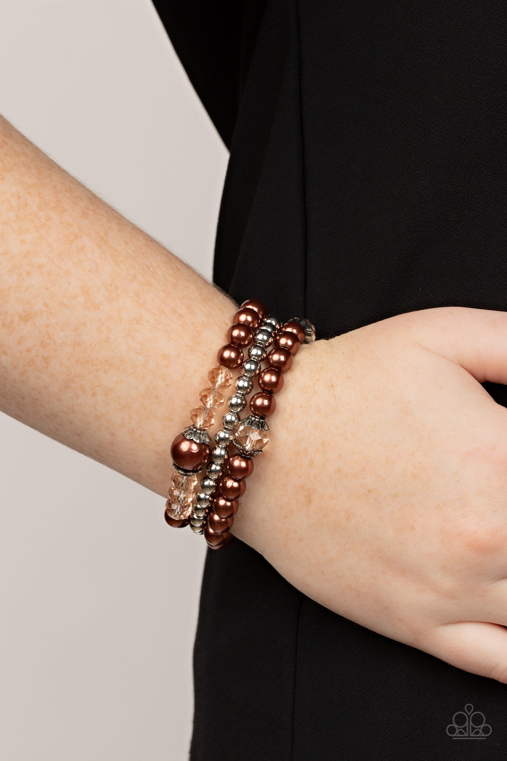 Positively Polished - Brown Pearl And Silver Bead Stretch Bracelet Paparazzi B0684