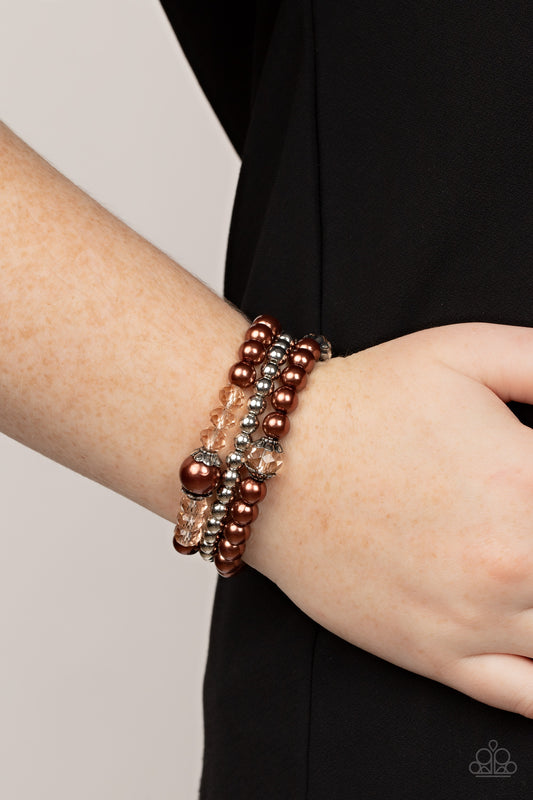 Positively Polished - Brown Pearl And Silver Bead Stretch Bracelet Paparazzi B0684