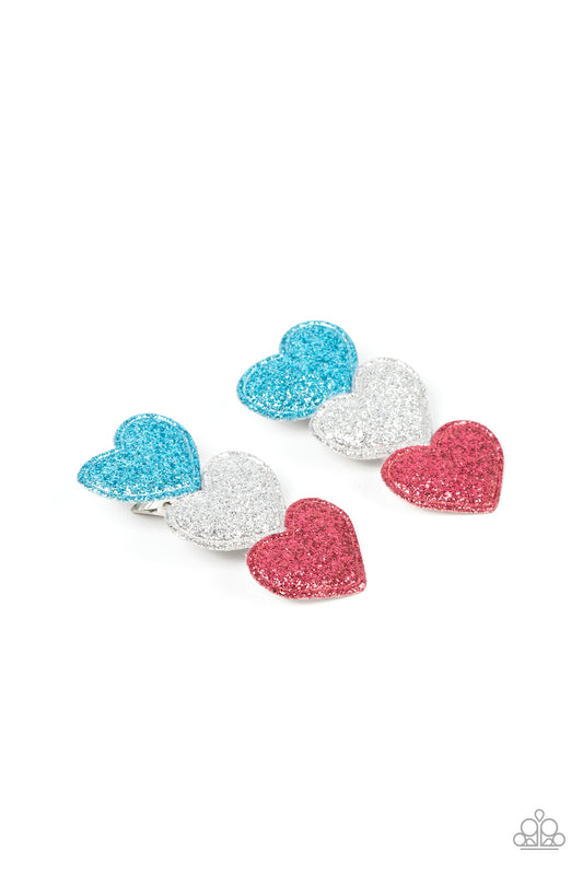 Love at First SPARKLE - Multi Blue, Silver & Pink Heart Patriotic Hair Clip Paparazzi H0099