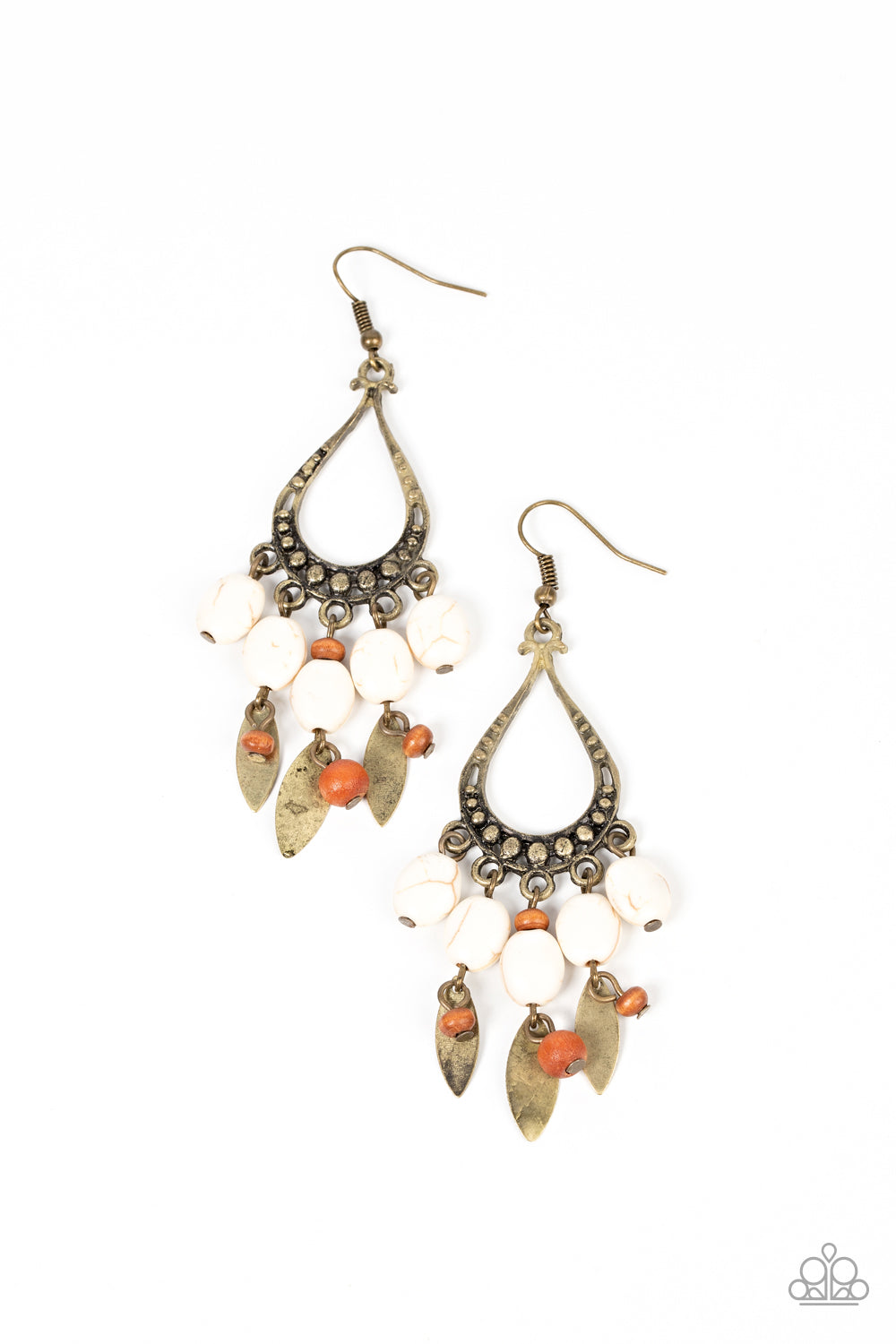 Adobe Air - Brass Teardrop White Cracked Stone Santa Fe Style Earring Paparazzi E1013