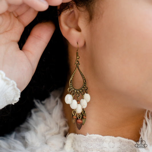 Adobe Air - Brass Teardrop White Cracked Stone Santa Fe Style Earring Paparazzi E1013
