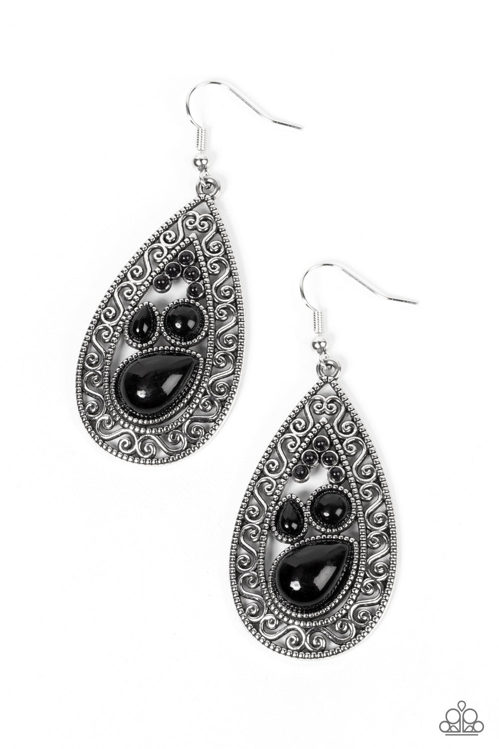 Nautical Daydream Black Teardrop Filigree Earring Paparazzi E0597