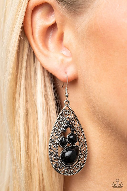 Nautical Daydream Black Teardrop Filigree Earring Paparazzi E0597