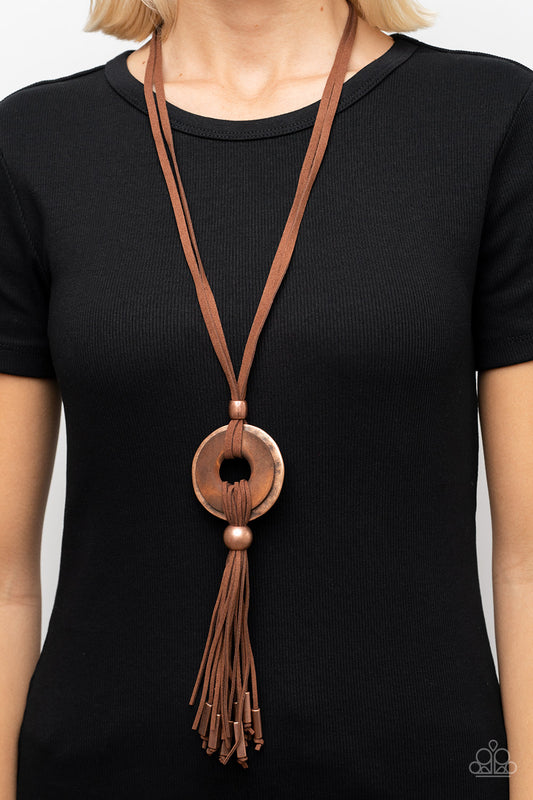 ARTISANS and Crafts - Copper Disc, Brown Suede & Wood Necklace Paparazzi N1288