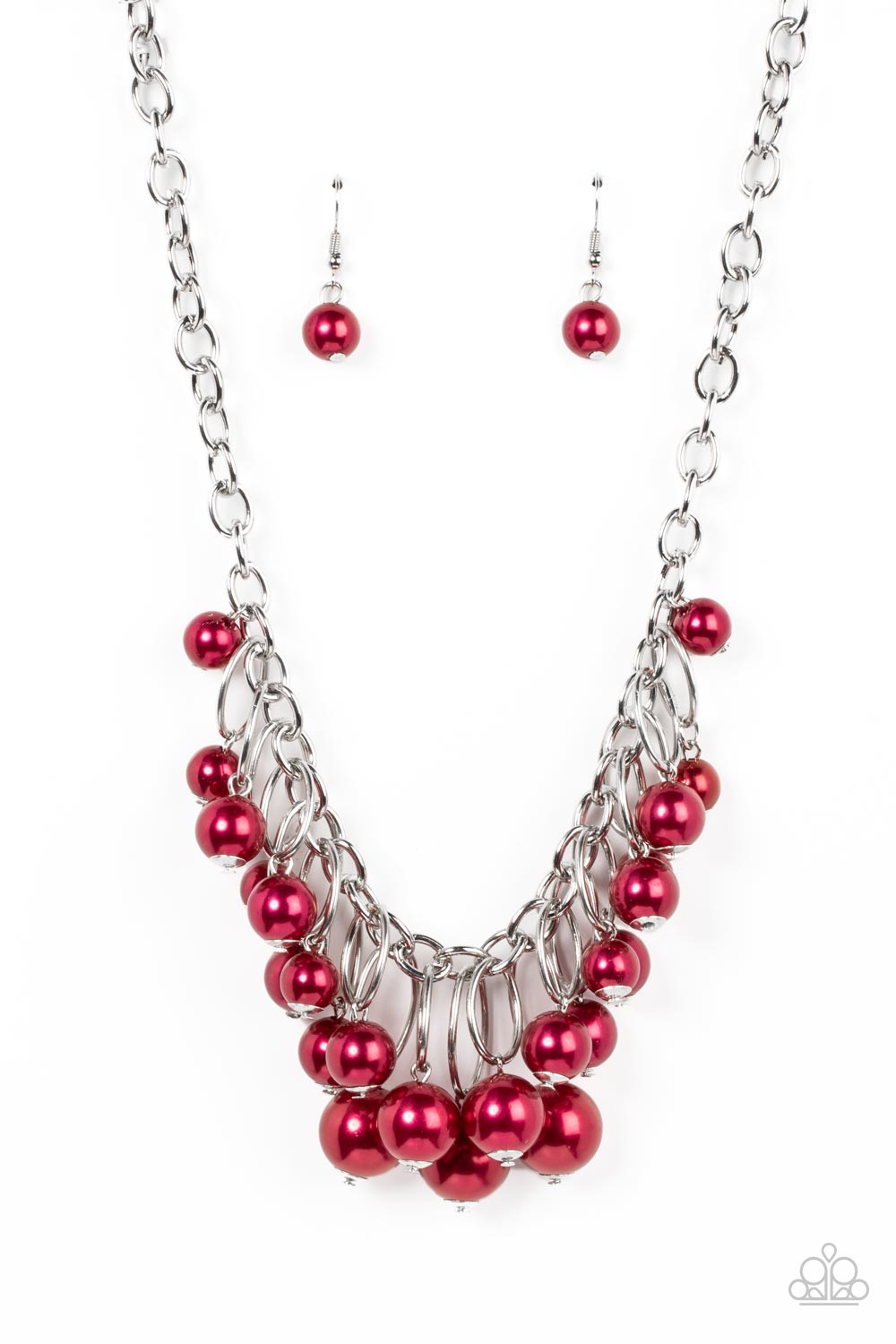 Powerhouse Pose - Red Pearl Silver Oval Necklace Paparazzi N0714