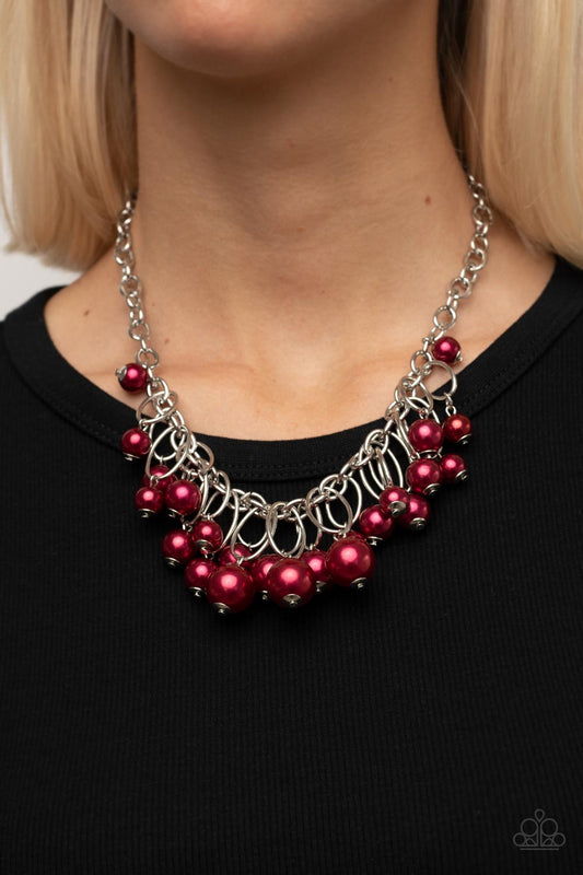 Powerhouse Pose - Red Pearl Silver Oval Necklace Paparazzi N0714