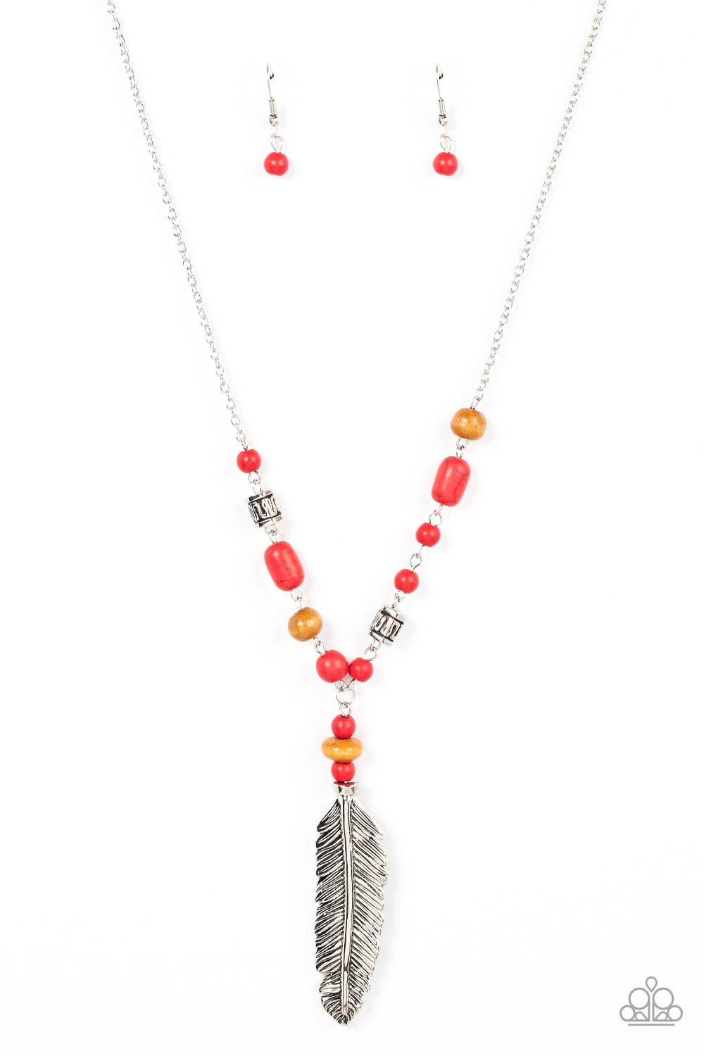 Watch Me Fly - Red Stone & Bead Silver Feather Santa Fe Style Necklace Paparazzi N1639