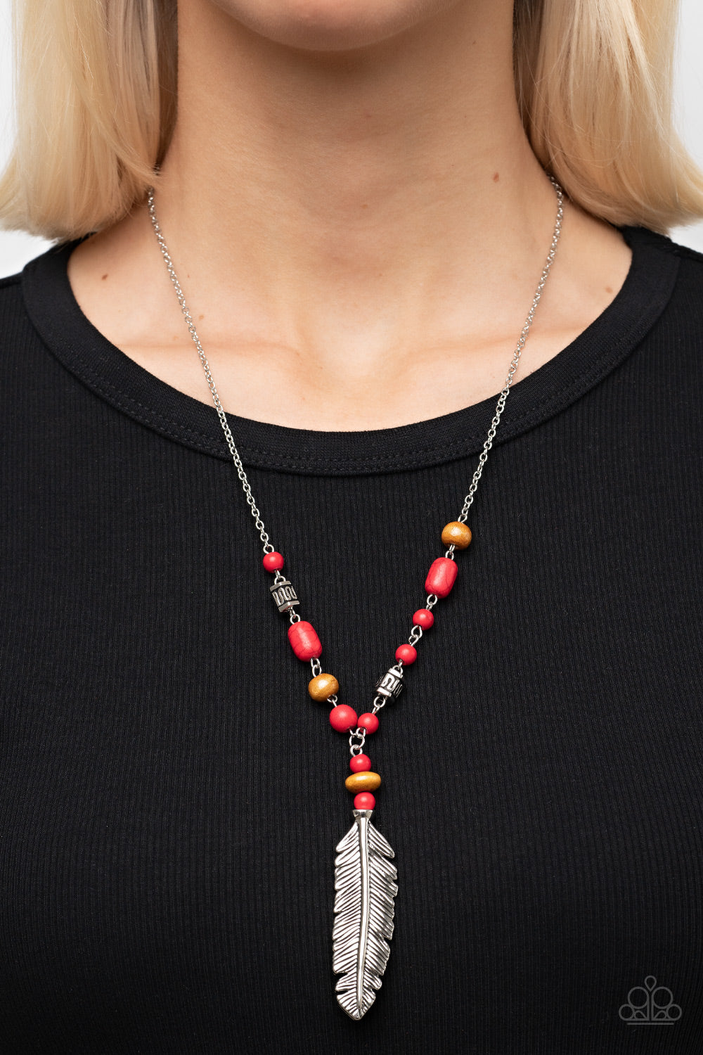 Watch Me Fly - Red Stone & Bead Silver Feather Santa Fe Style Necklace Paparazzi N1639