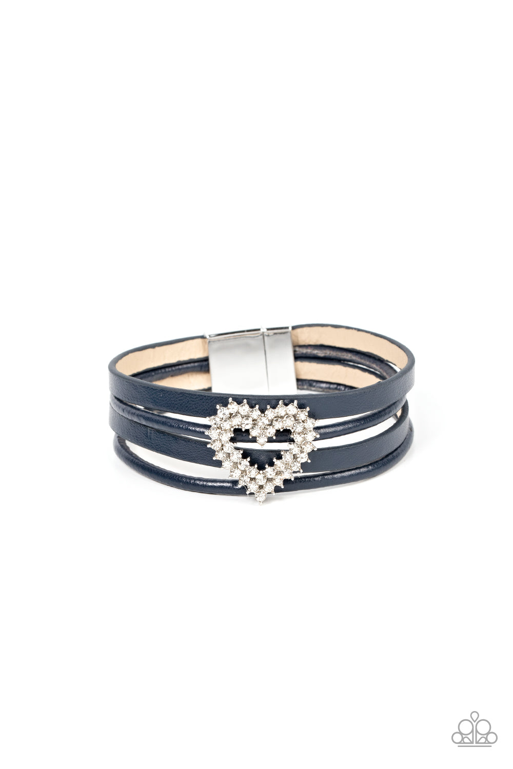 Wildly in Love - Blue Leather White Rhinestone Heart Magnetic Closure Bracelet Paparazzi B1225