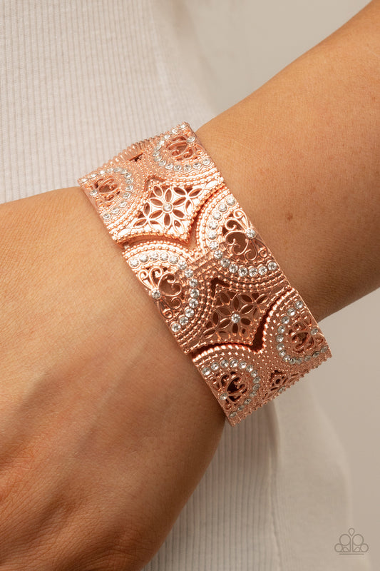 Wheeling and Dealing - Copper & White Rhinestone Stretch Bracelet Paparazzi B0968