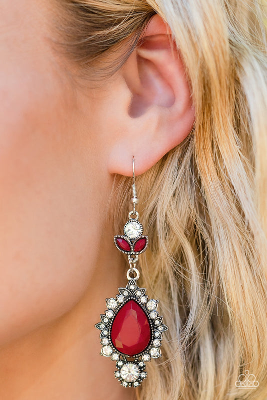 SELFIE-Esteem - Red Teardrop Bead White Rhinestone Earring Paparazzi E0866 Convention Exclusive